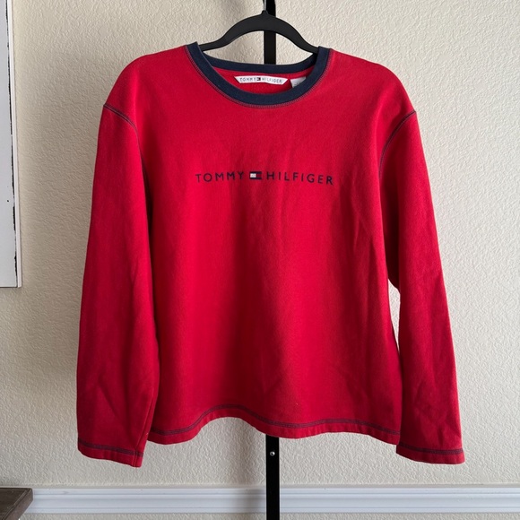 Vintage Tommy Hilfiger Red Crewneck Pullover Logo Sweatshirt Size Large - Picture 1 of 7
